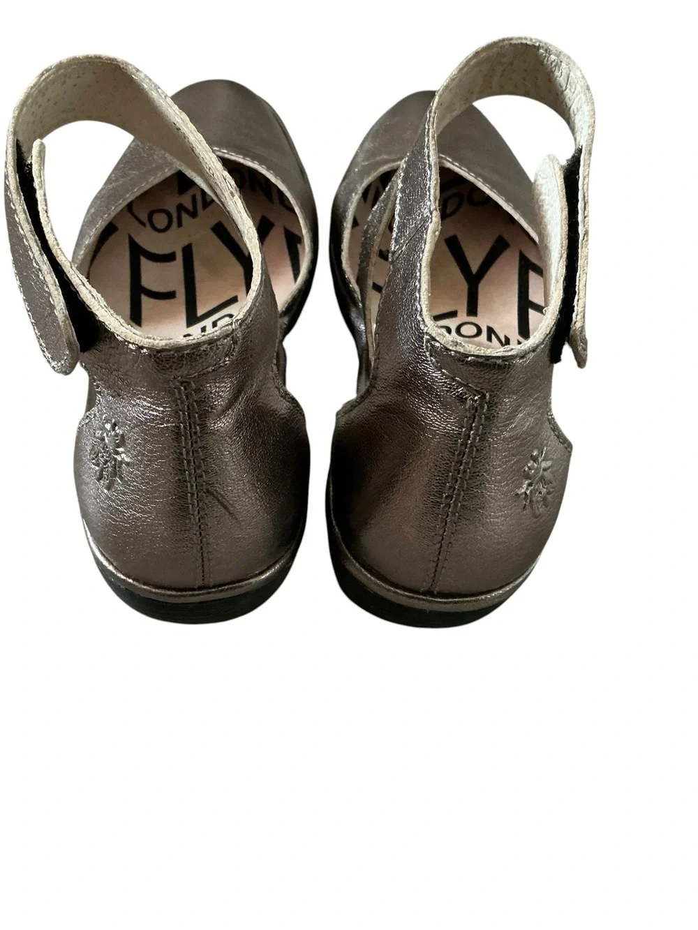Fly London Pats pewter metallic leather closed toe ankle strap shoes size 37